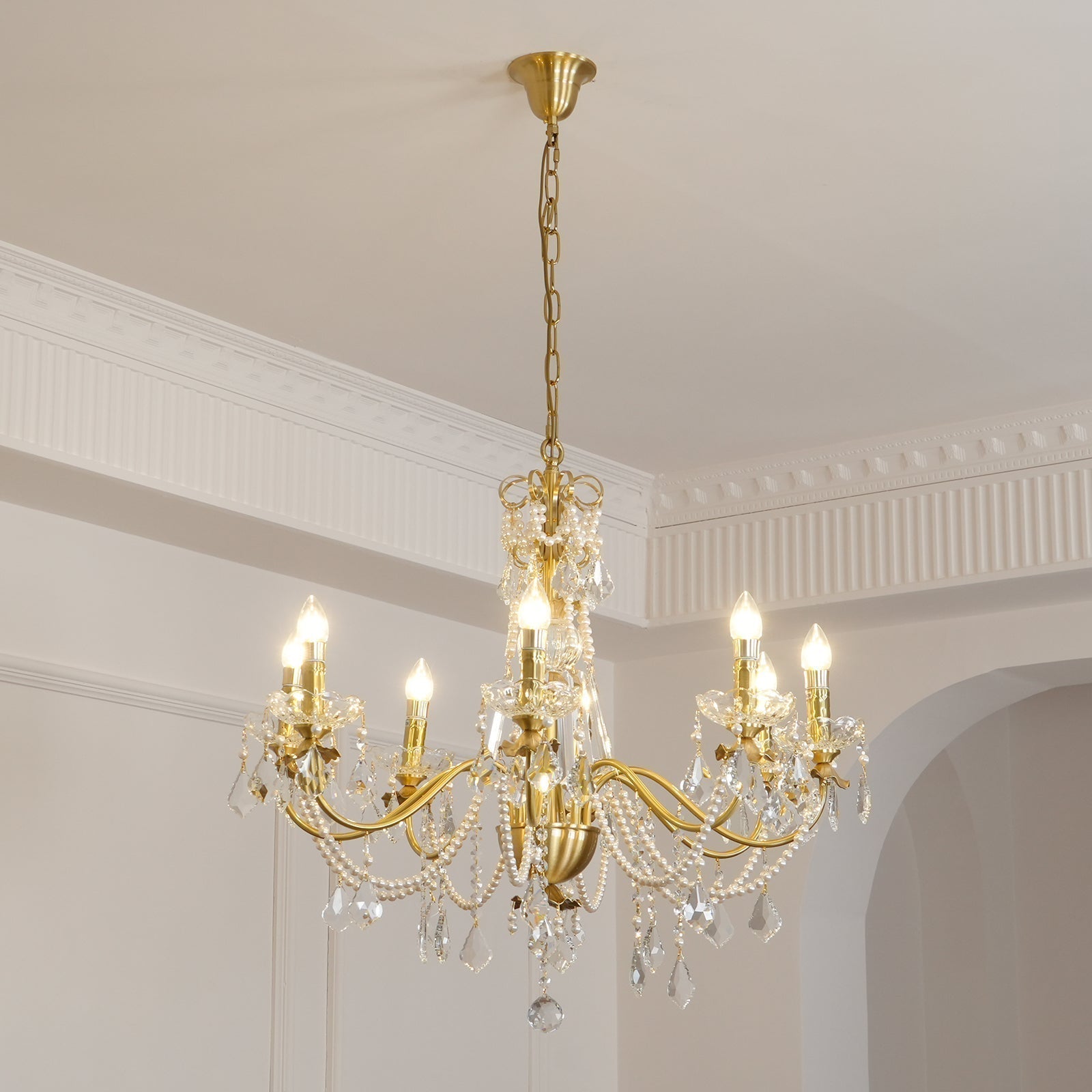 Chandelier Brass Body Crystal Pearl Drops Vintage Elegance - Letslighting