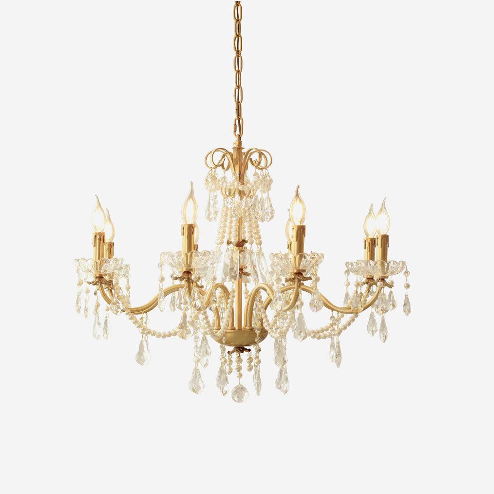Chandelier Brass Body Crystal Pearl Drops Vintage Elegance - Letslighting