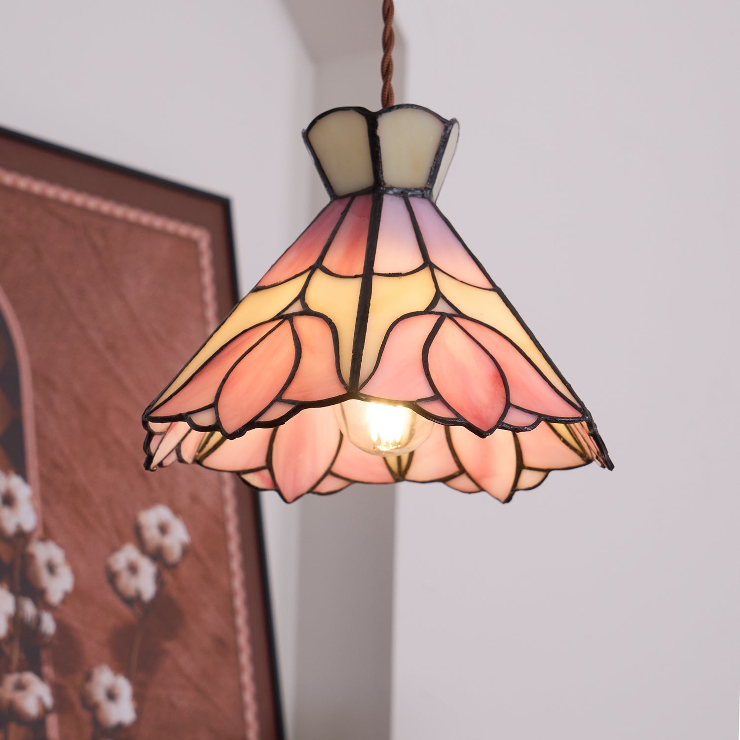 Tiffany Lámparas Colgantes Retro de Cristal Rosa y Crema