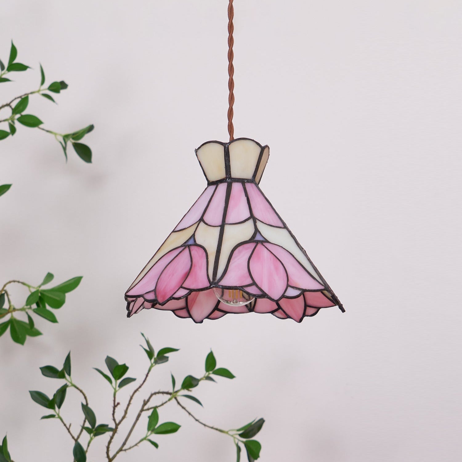 Tiffany Lámparas Colgantes Retro de Cristal Rosa y Crema