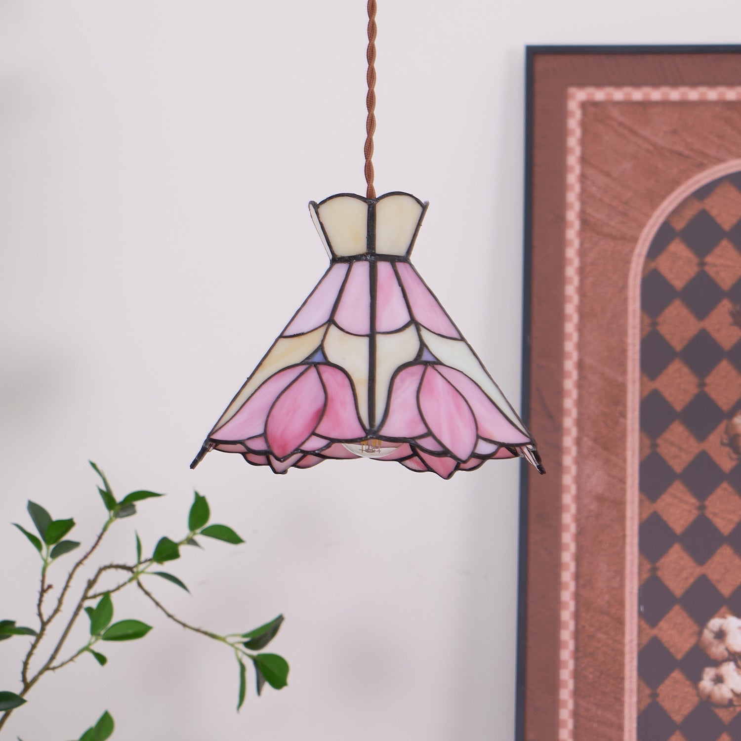 Tiffany Lámparas Colgantes Retro de Cristal Rosa y Crema