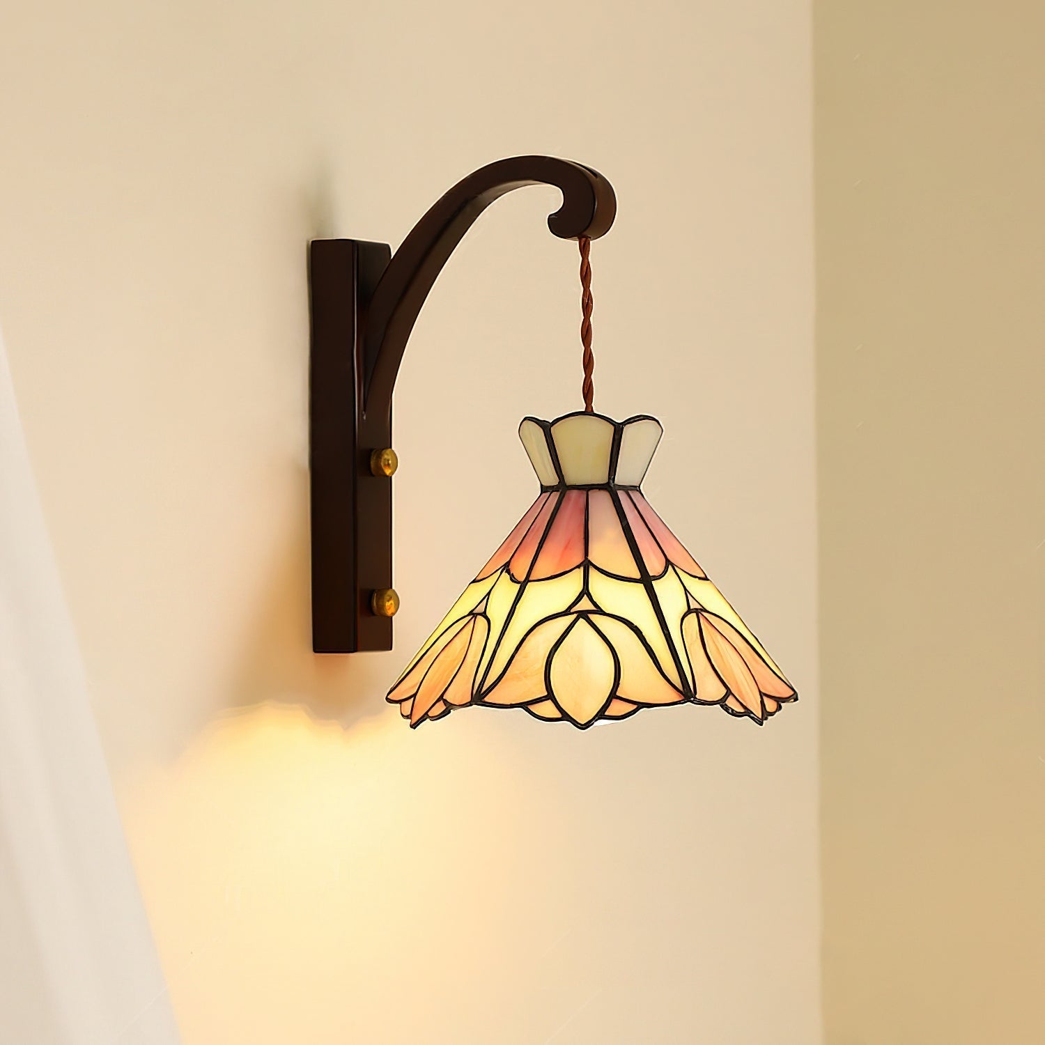 Wall Lamp Wood Body Tiffany Glass Shade Pink Floral Vintage Art - Letslighting