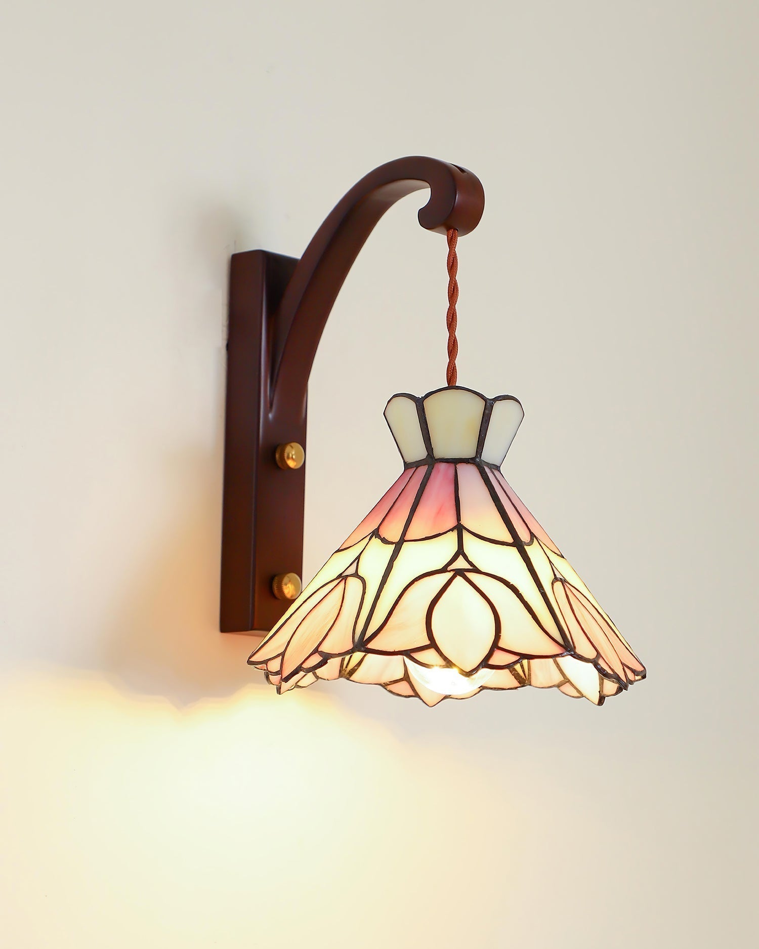 Wall Lamp Wood Body Tiffany Glass Shade Pink Floral Vintage Art - Letslighting