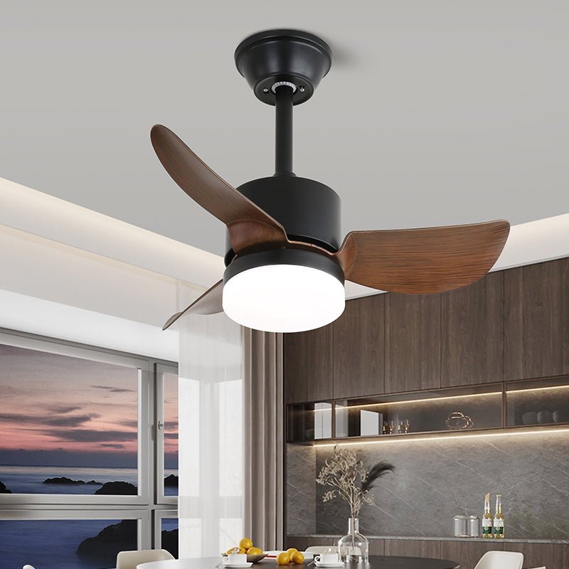 Ventilador de Techo Arden Minimalista de Madera Negra con Luz en una sala de estar moderna