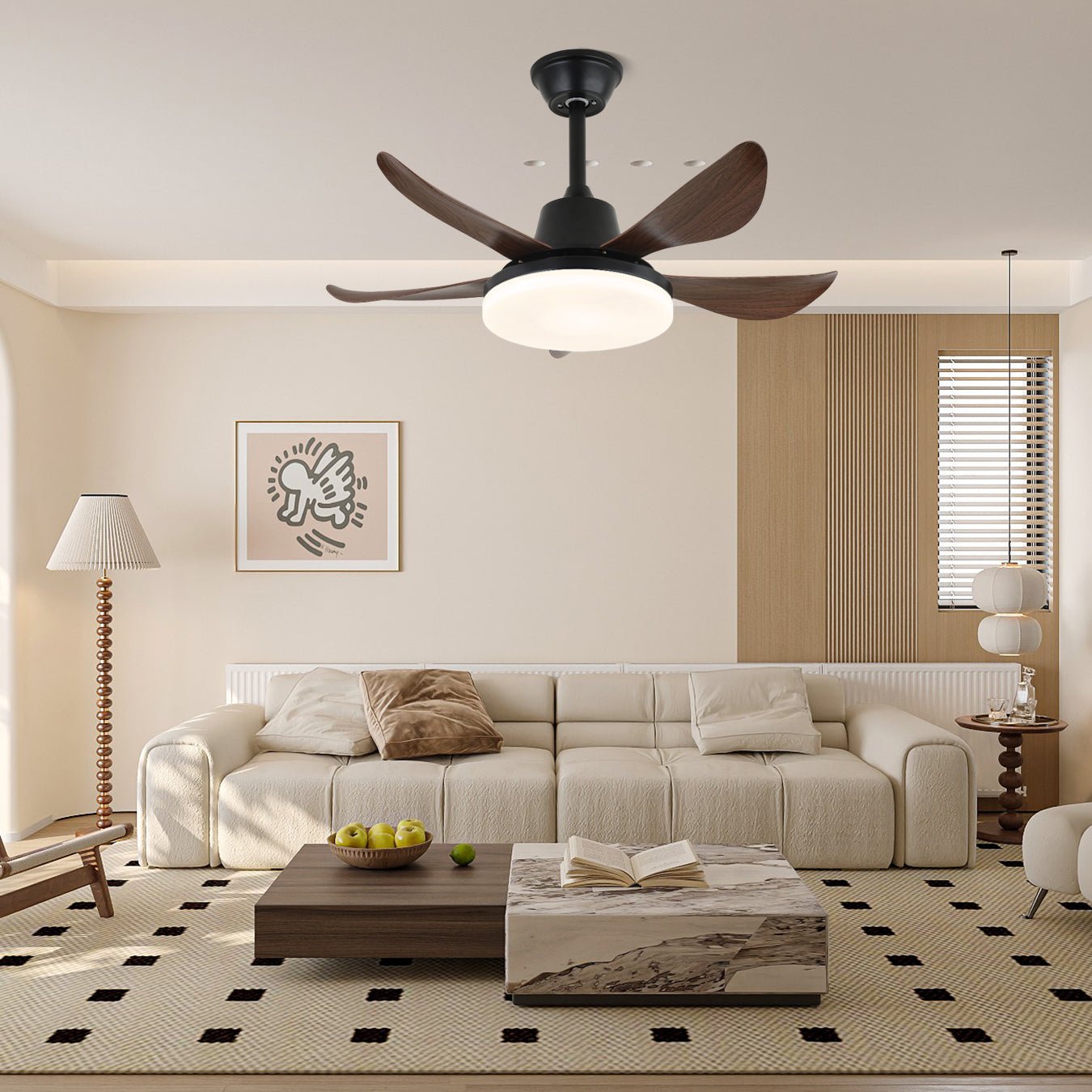 Lámpara ventilador de techo moderna Callen de madera con aspas visibles