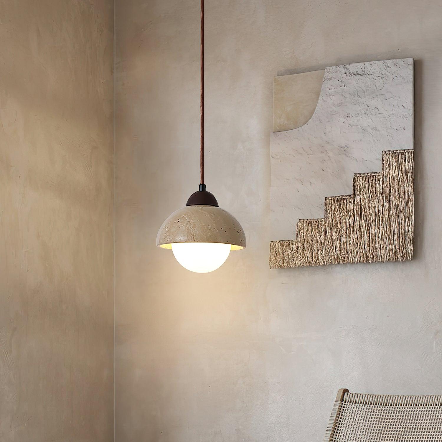 Pendant Lamp Wood Top Yellow Travertine Glass Shade White Beige Modern - Letslighting