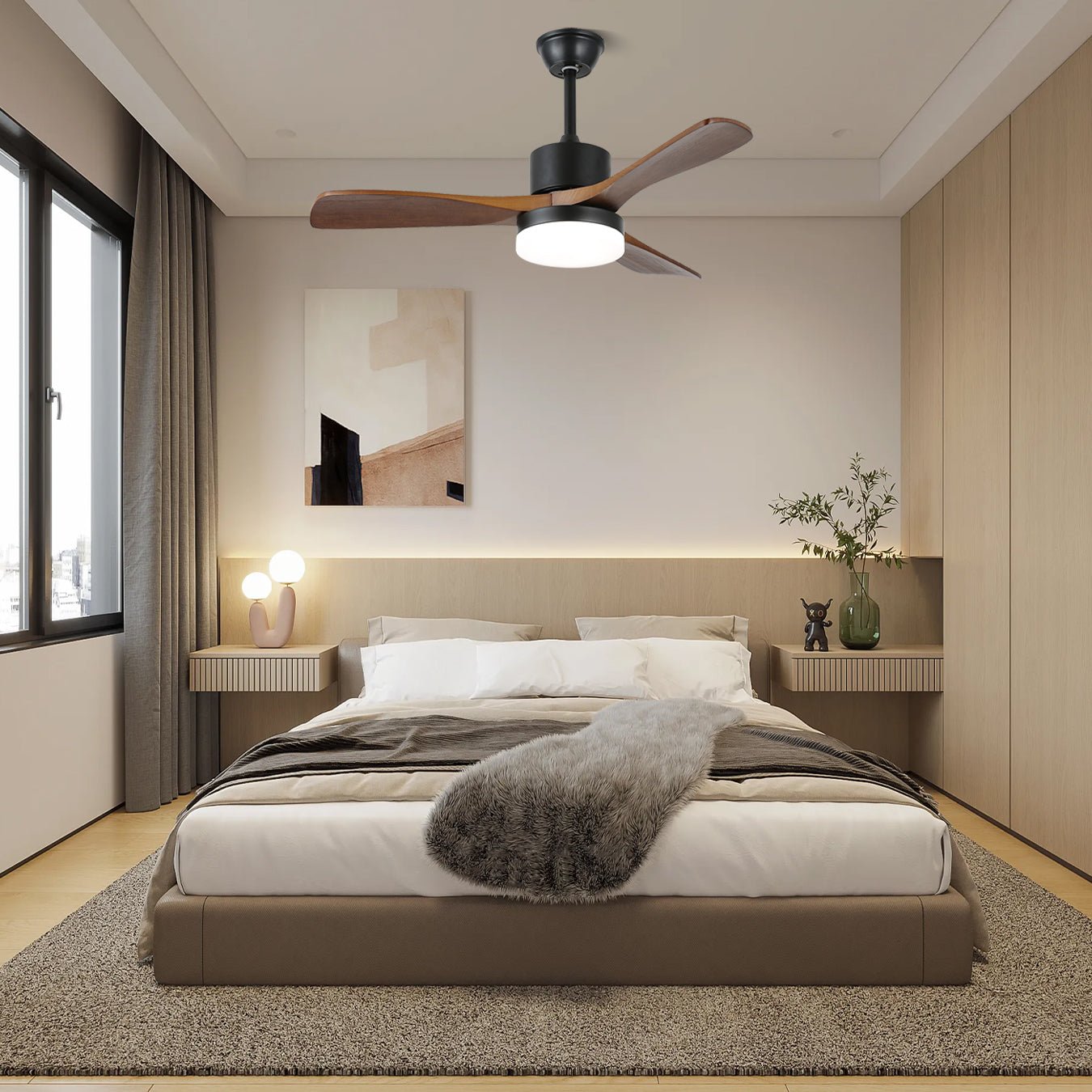 Ventilador de Techo Darian Minimalista de Madera con Luz, Modelo B, 48 pulgadas de diámetro