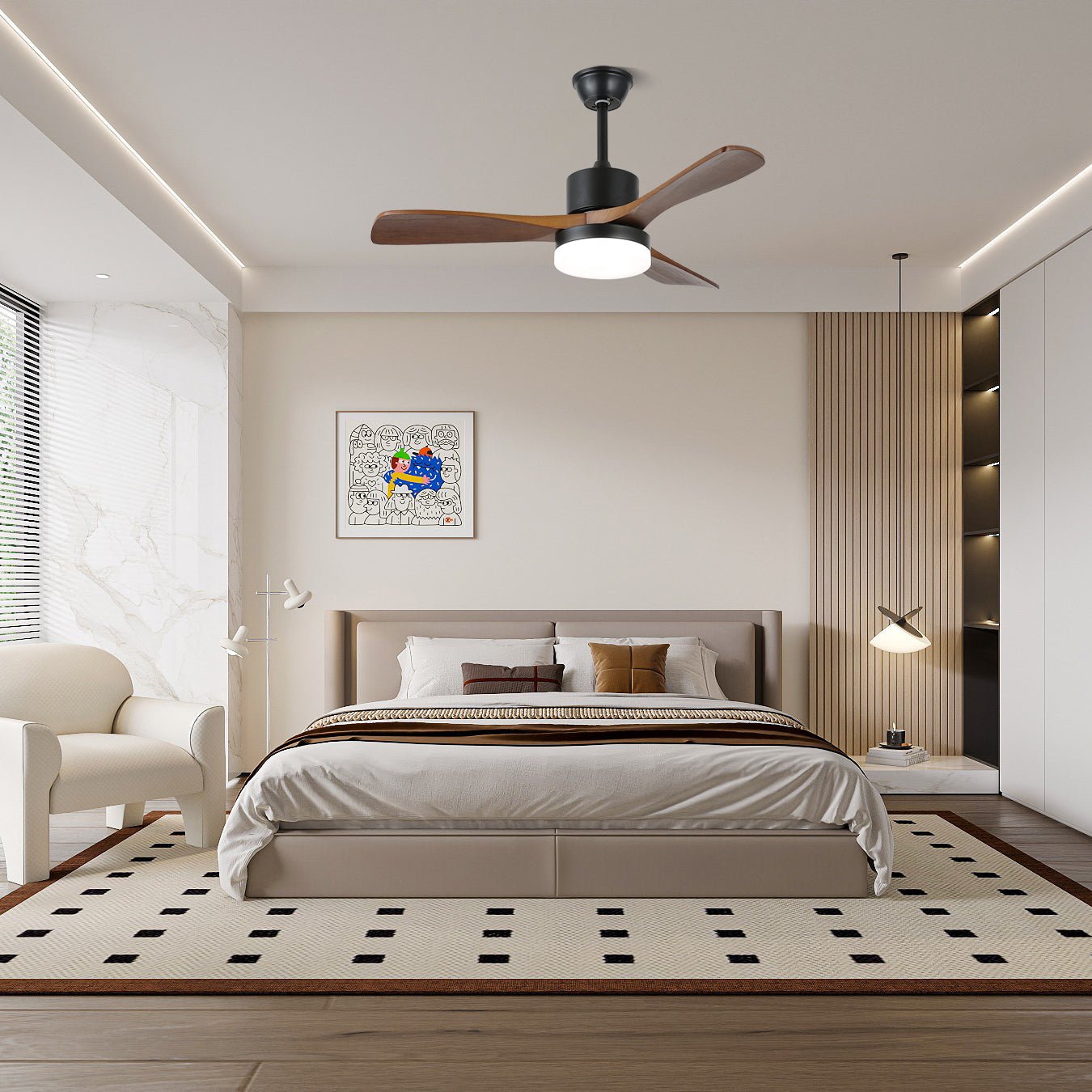 Ventilador de Techo Darian Minimalista de Madera con Luz, Modelo B, 52 pulgadas de diámetro
