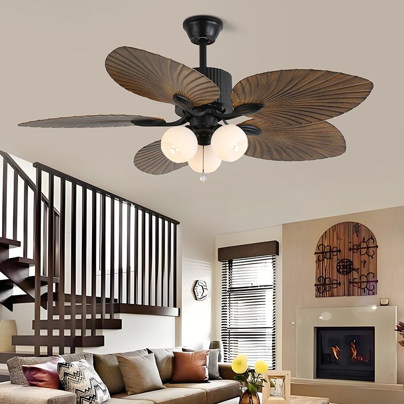 Ventilador de Techo con Luz Solara Tropical en acabado negro, diseño elegante.