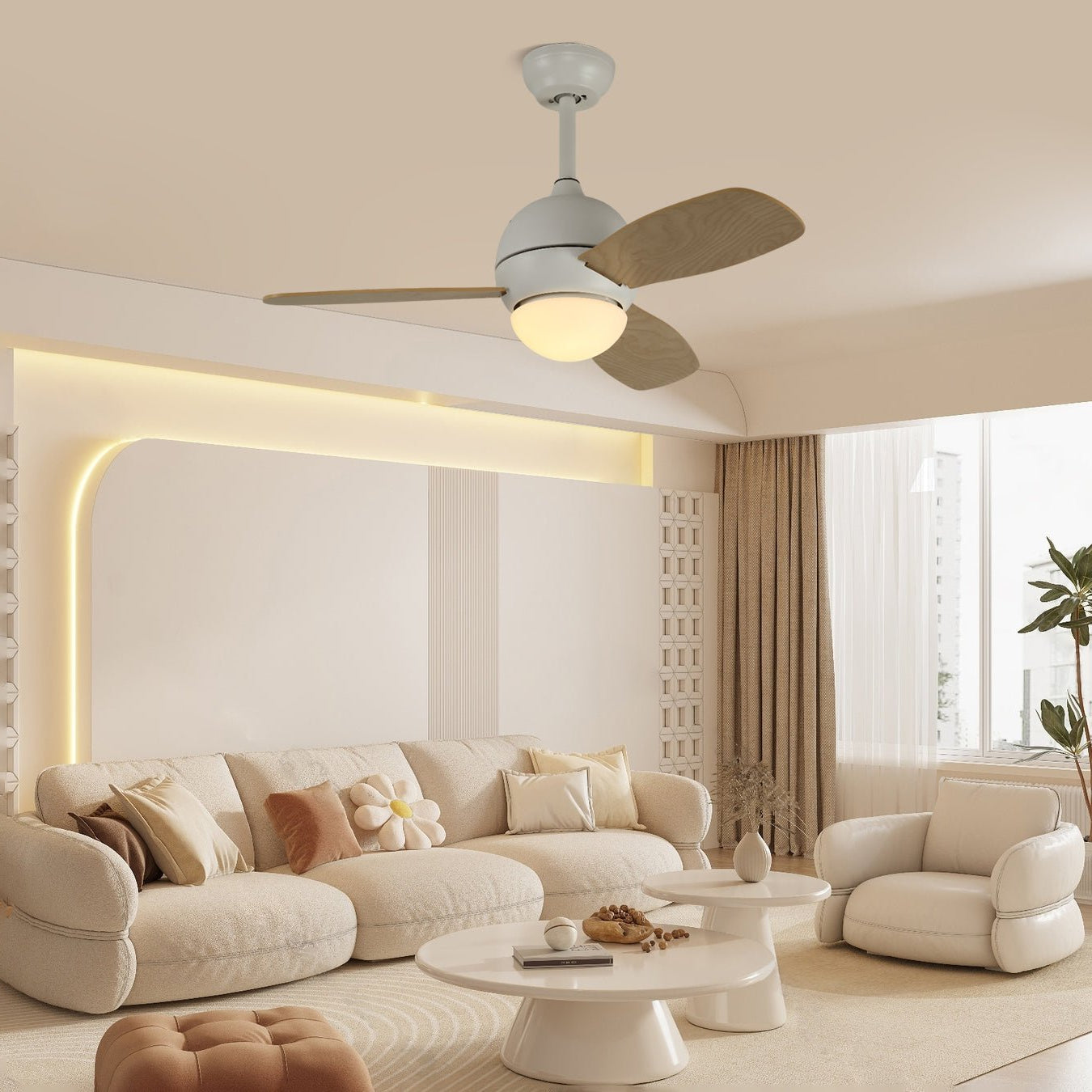 Vista detallada del mando a distancia y las características del ventilador de techo Vevo con luz.