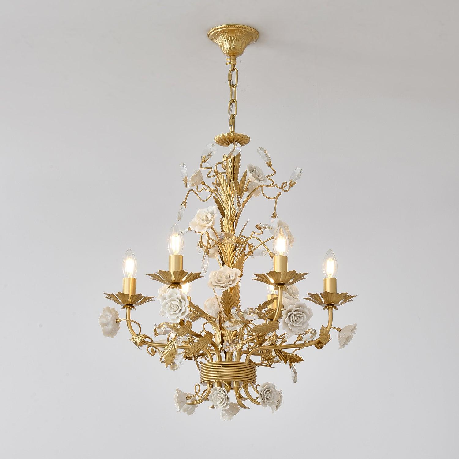 Chandelier Ornate Metal Frame Porcelain Roses Crystal Classic Luxury - Letslighting