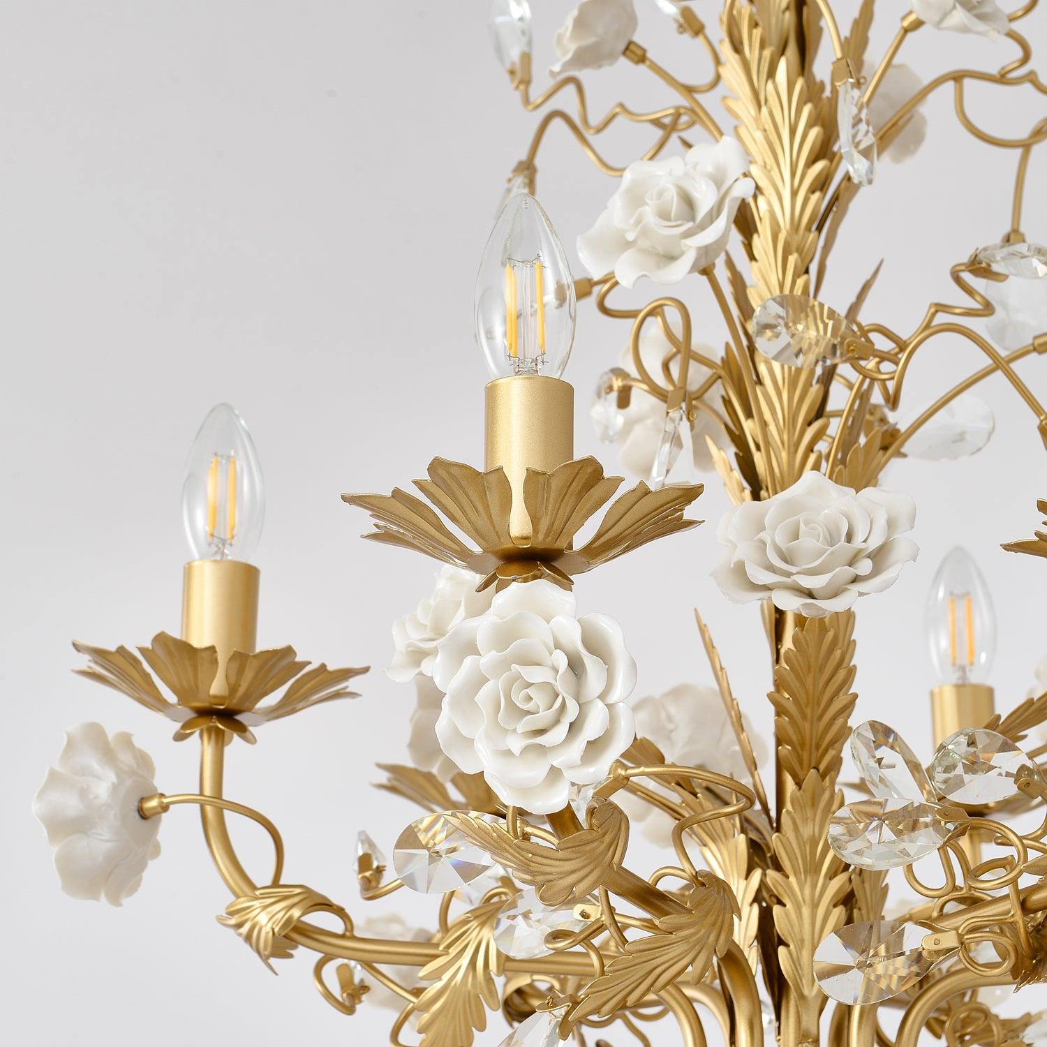 Chandelier Ornate Metal Frame Porcelain Roses Crystal Classic Luxury - Letslighting