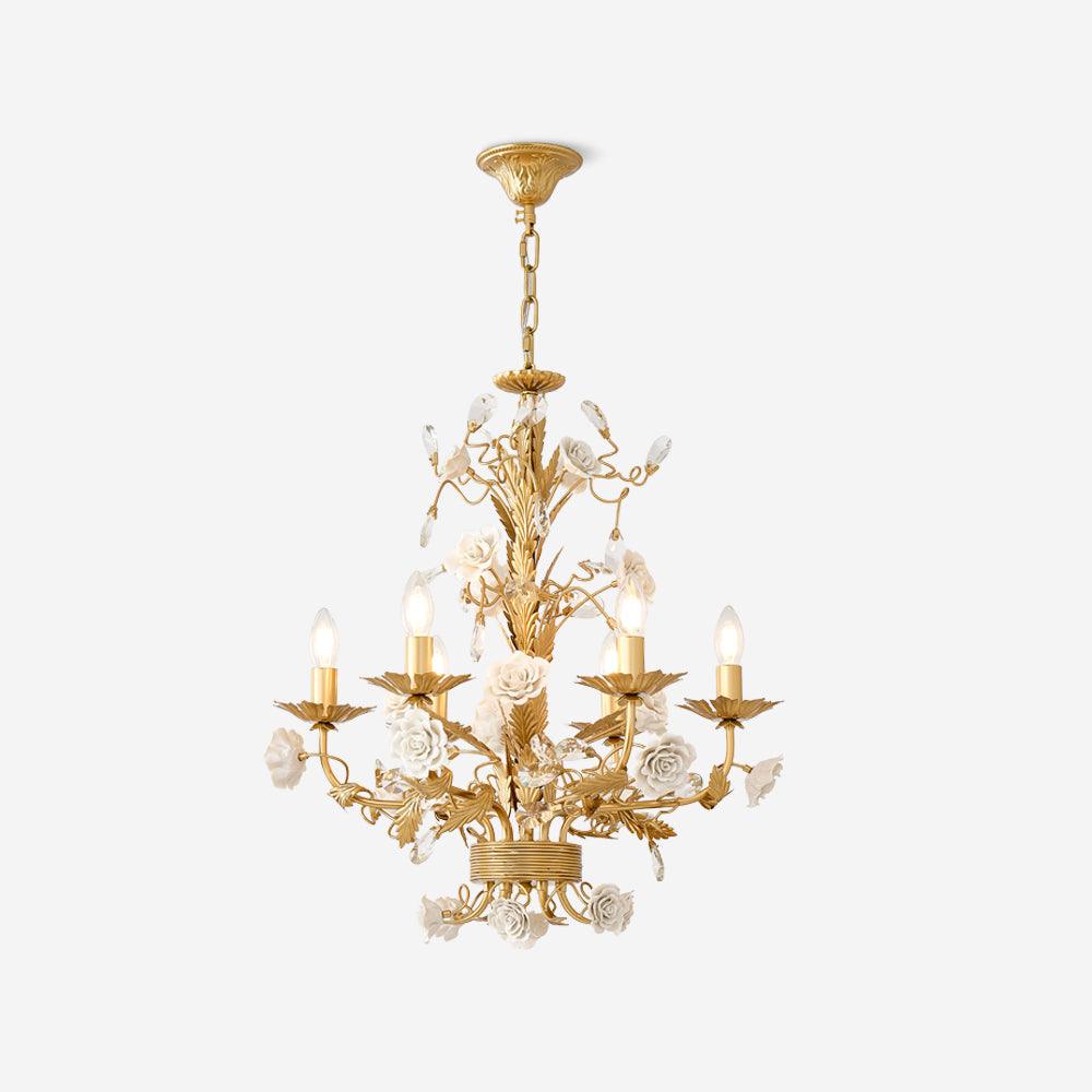 Chandelier Ornate Metal Frame Porcelain Roses Crystal Classic Luxury - Letslighting