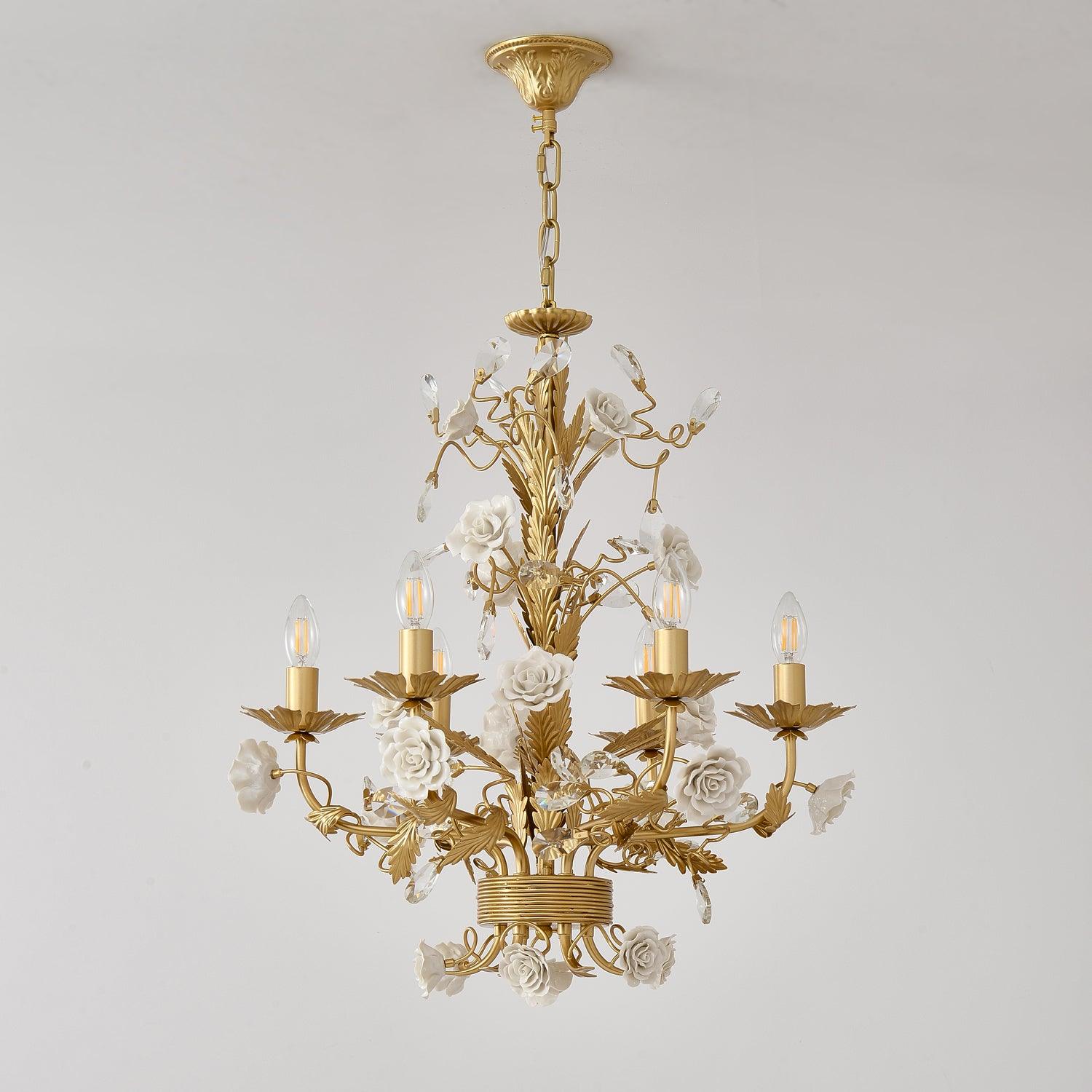 Chandelier Ornate Metal Frame Porcelain Roses Crystal Classic Luxury - Letslighting