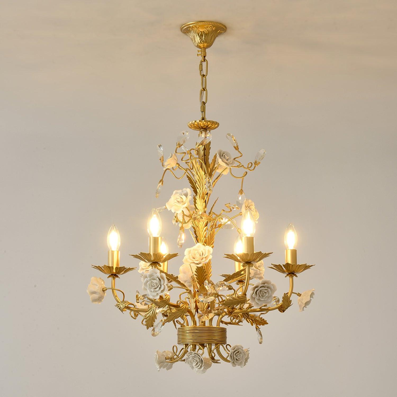 Chandelier Ornate Metal Frame Porcelain Roses Crystal Classic Luxury - Letslighting