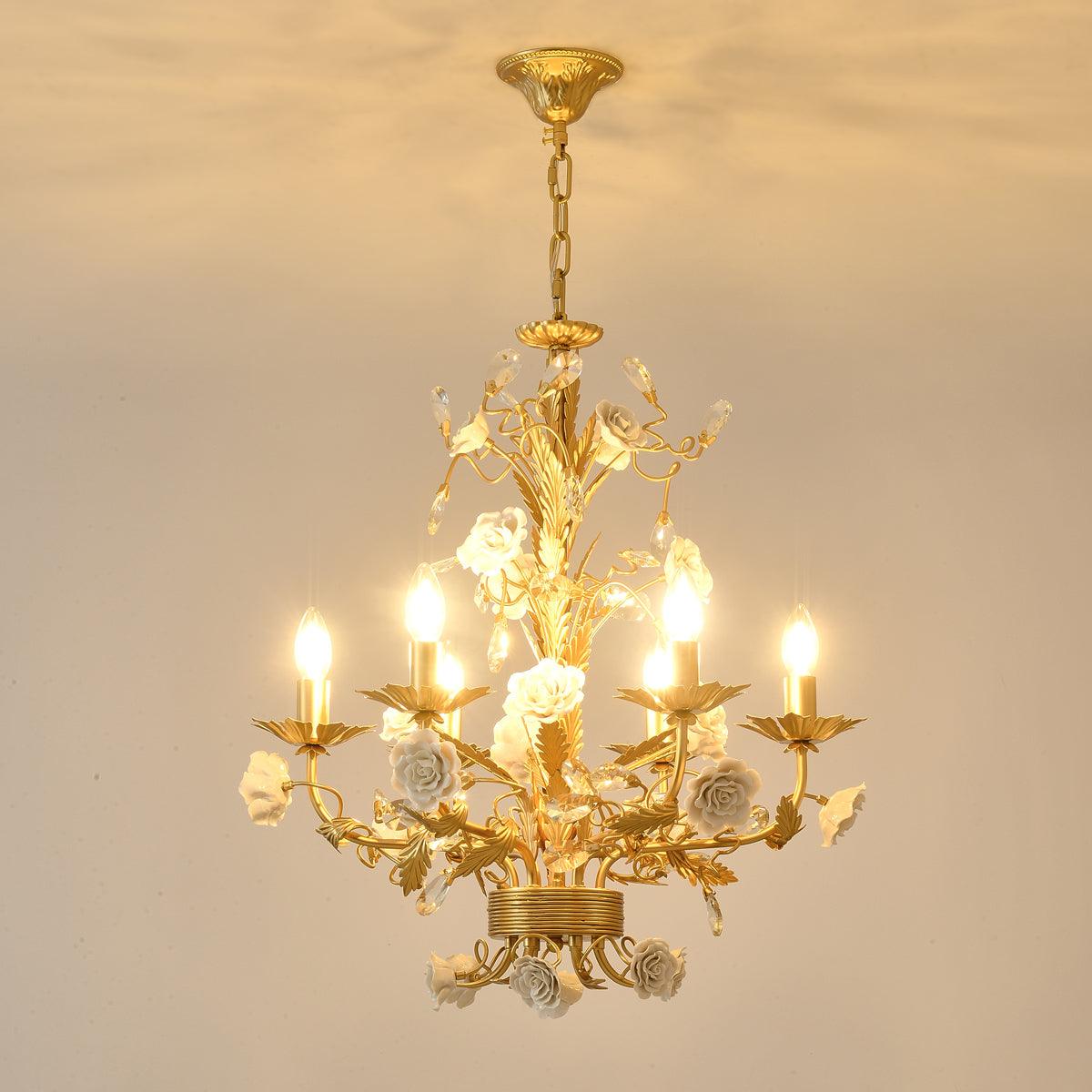 Chandelier Ornate Metal Frame Porcelain Roses Crystal Classic Luxury - Letslighting