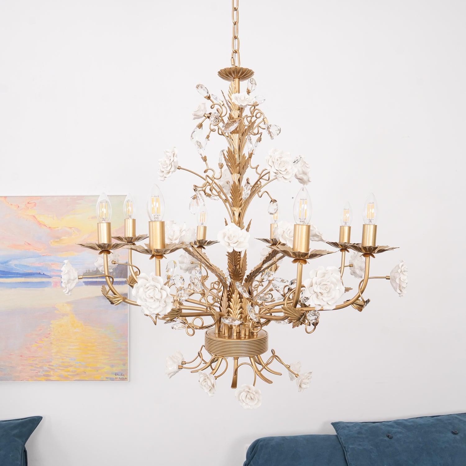 Chandelier Ornate Metal Frame Porcelain Roses Crystal Classic Luxury - Letslighting
