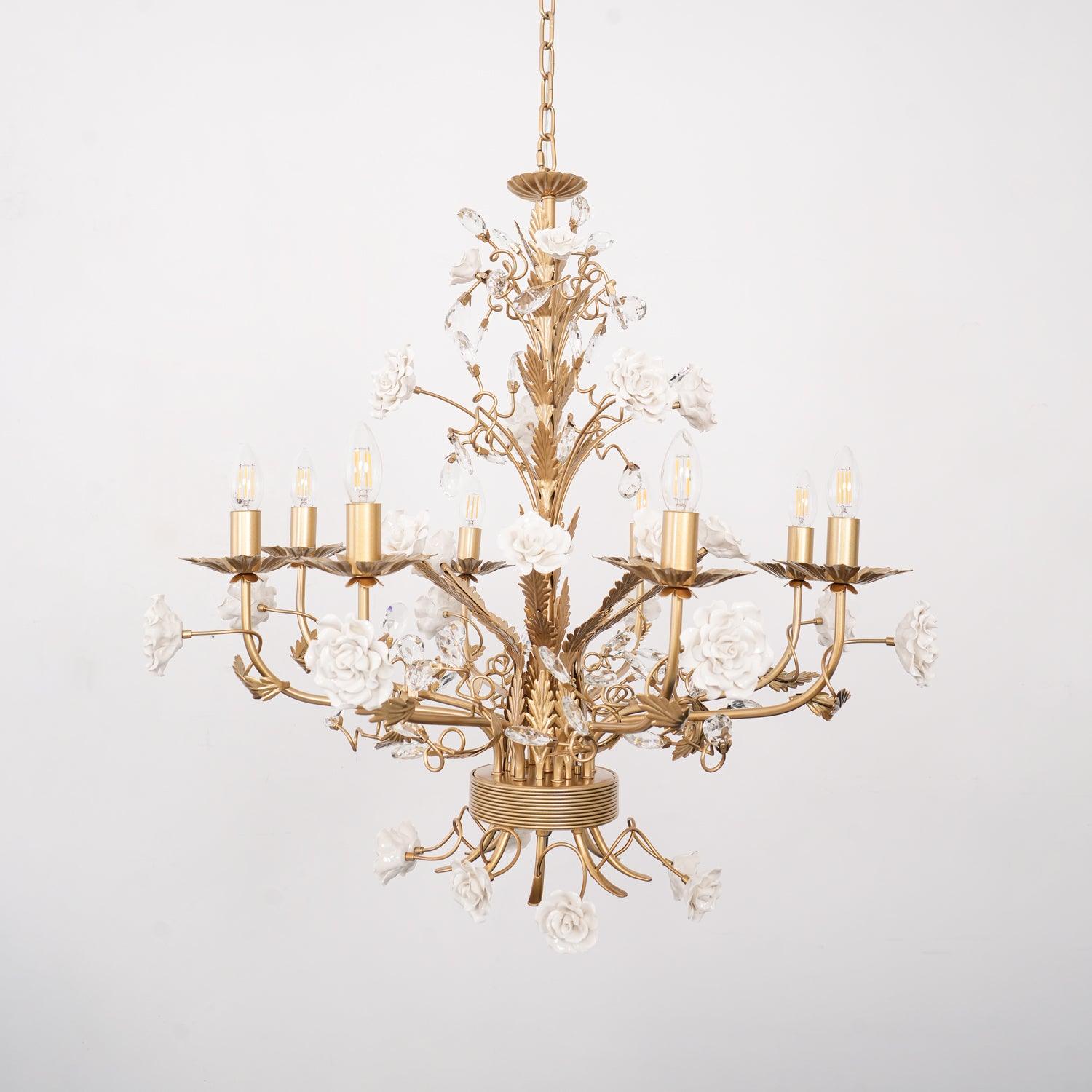 Chandelier Ornate Metal Frame Porcelain Roses Crystal Classic Luxury - Letslighting