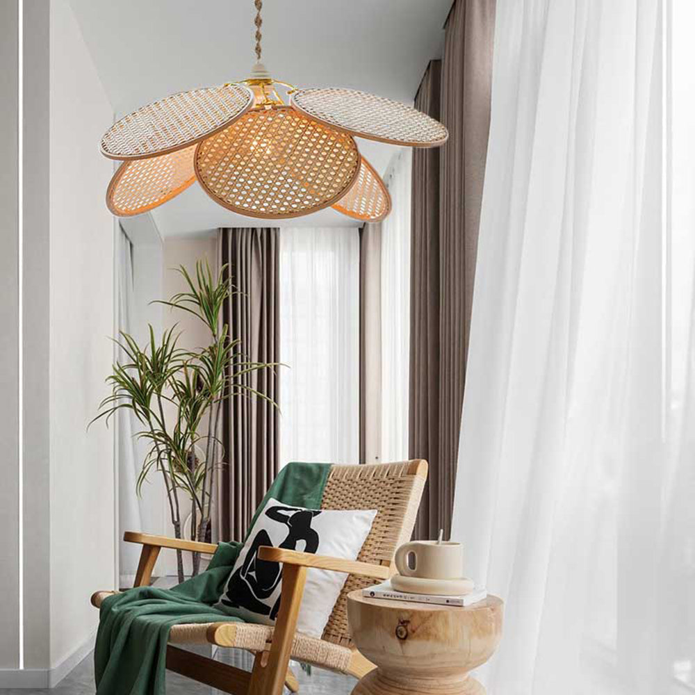 Ritta Decorativa Metal/Ratán Flor LED Lámpara Colgante Madera