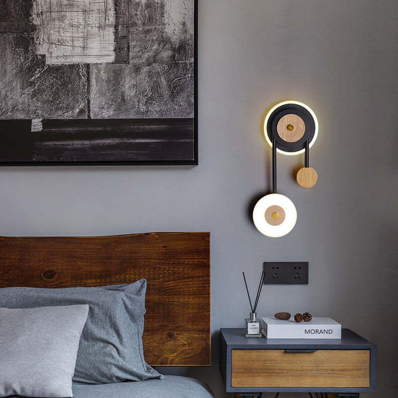 Nordic Moderno Redondo Madera Aplique de Pared Negro