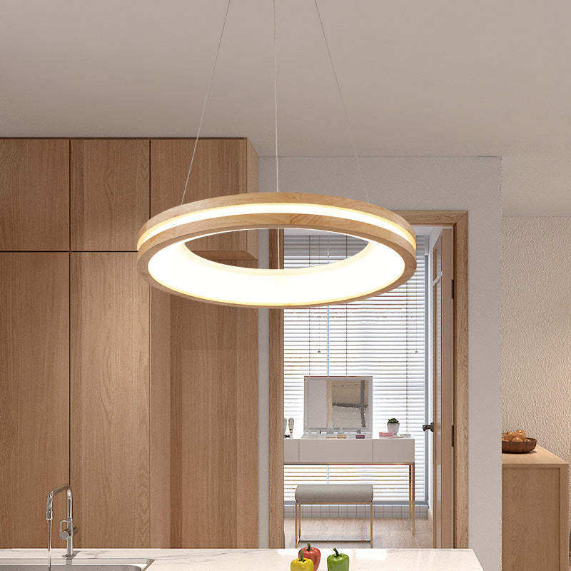 Muto Natural Anillo Acrílico LED Lámpara Colgante Madera