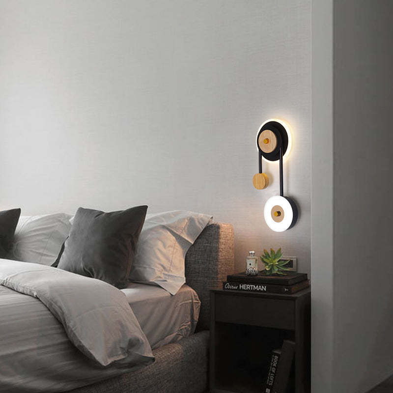 Nordic Moderno Redondo Madera Aplique de Pared Negro