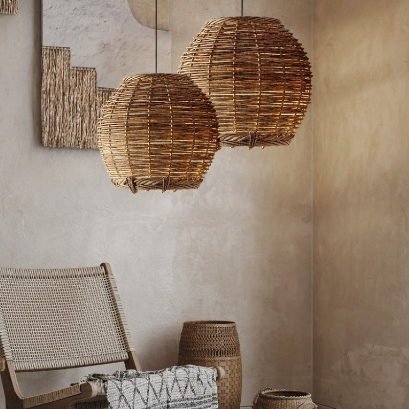 Muto Retro LED Lámpara Colgante Wood Rattan Salón Comedor
