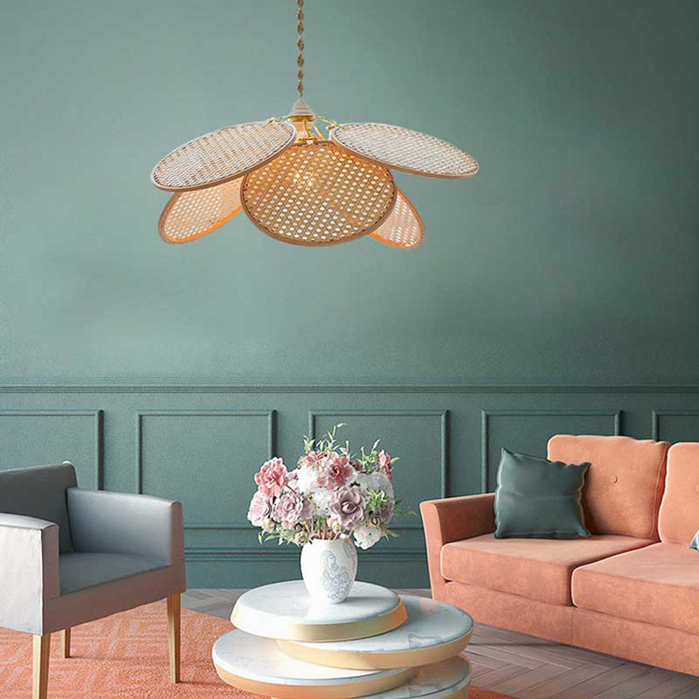 Ritta Decorativa Metal/Ratán Flor LED Lámpara Colgante Madera
