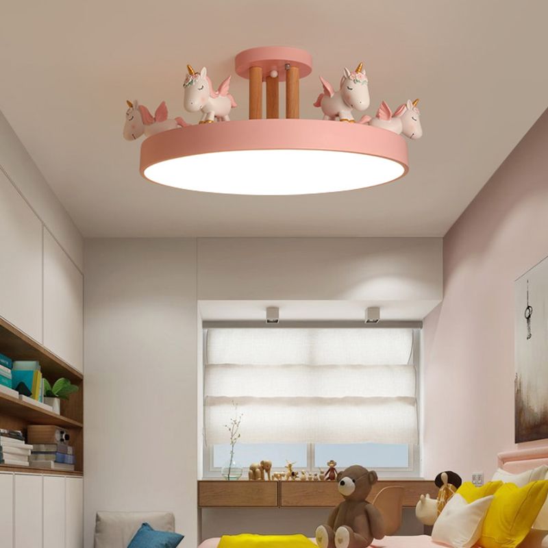 Arisha Modern Round Unicorn Acrylic/Wood Semi-Flush Mount Plafón Blanco/Rosa/Azul