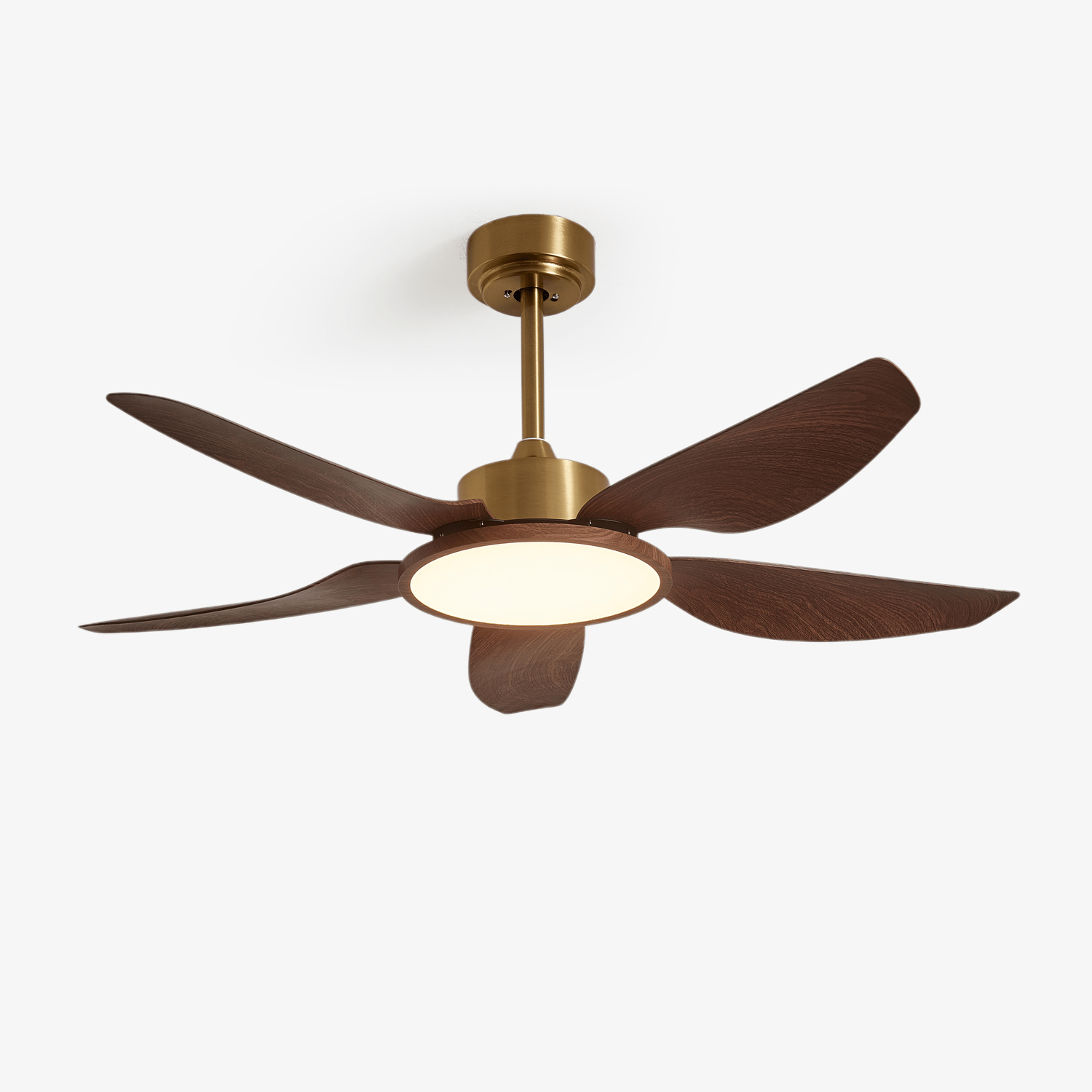 Ventilador de Techo Aurelia Moderno de Madera y Latón con Luz, vista general.