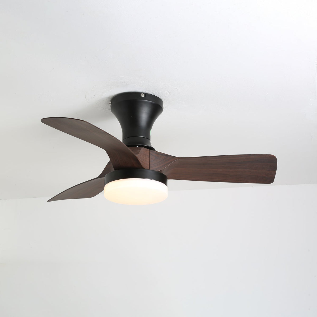 Vista detallada de las aspas con grano de madera y la pantalla acrílica del ventilador de techo Nora.