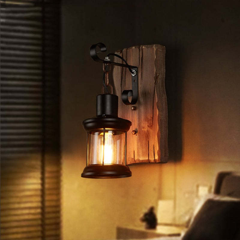 Silva Industrial Rustico Lantern Metal/Madera Aplique de Pared Negra/Bronce