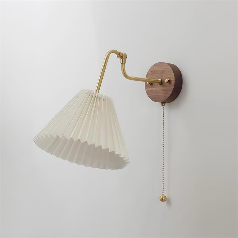 Vintage Brass & Walnut Wall Lamp with Pleated Fabric Shade - Letslighting