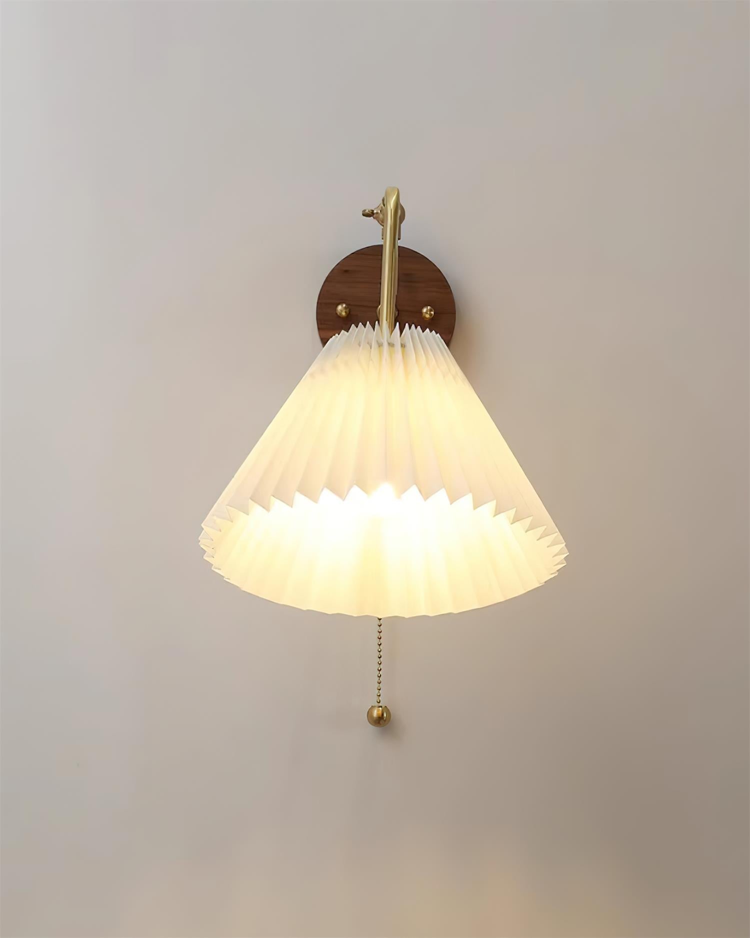 Vintage Brass & Walnut Wall Lamp with Pleated Fabric Shade - Letslighting