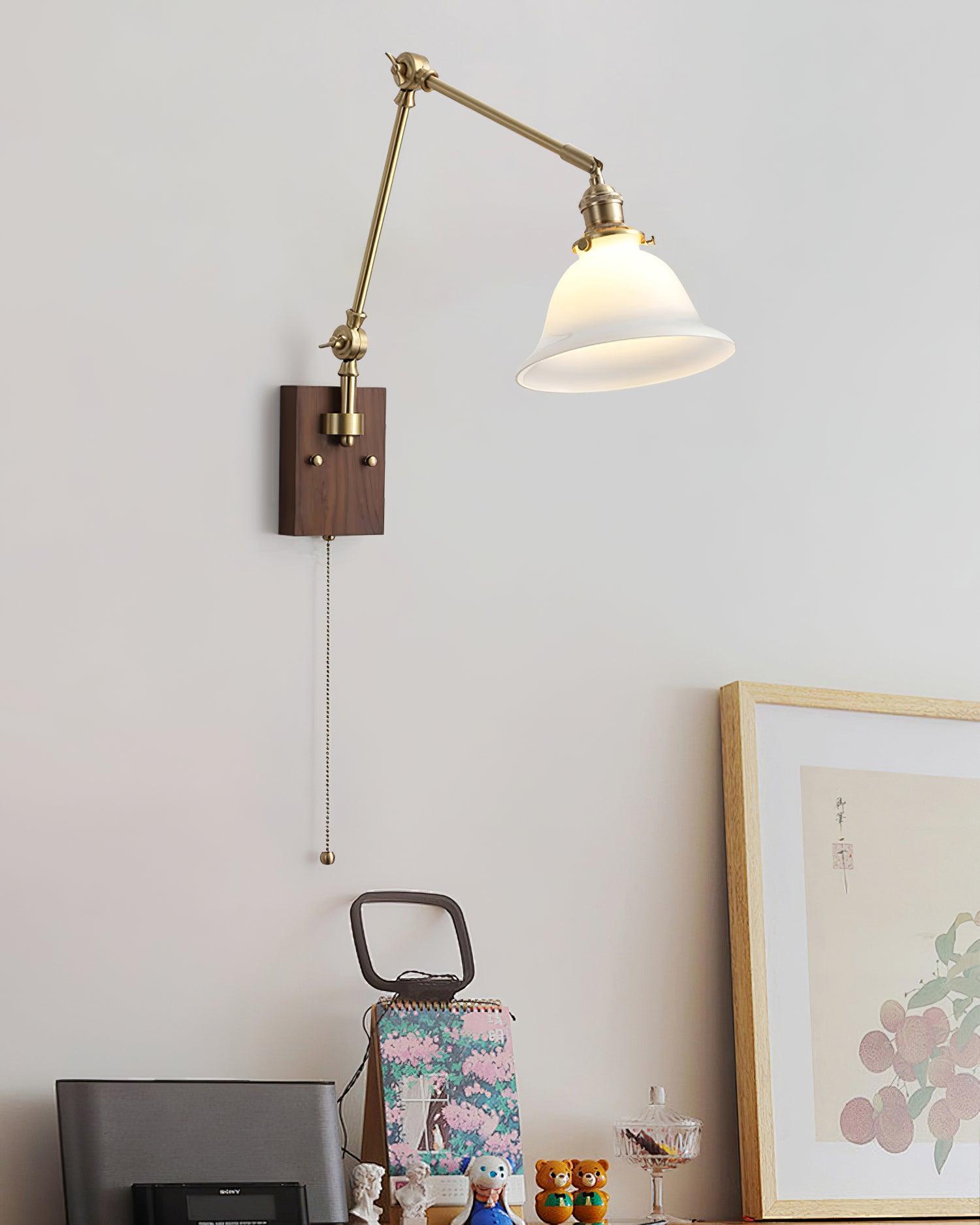 Wall Lamp Brass and Glass Shade Walnut Wood Base Adjustable Arm Vintage - Letslighting
