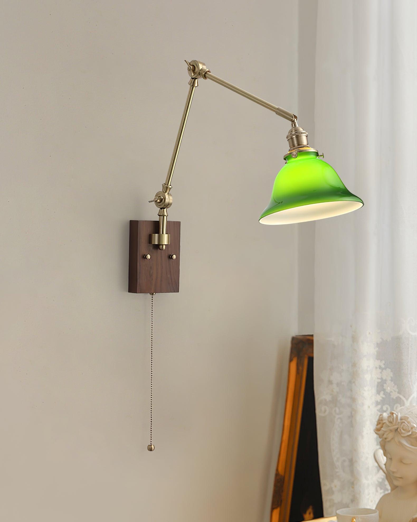 Wall Lamp Brass and Glass Shade Walnut Wood Base Adjustable Arm Vintage - Letslighting
