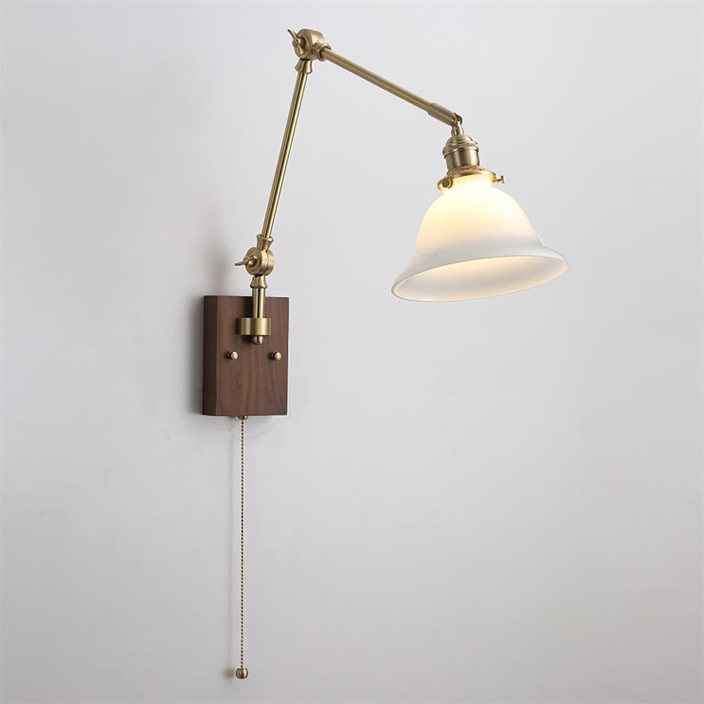 Wall Lamp Brass and Glass Shade Walnut Wood Base Adjustable Arm Vintage - Letslighting