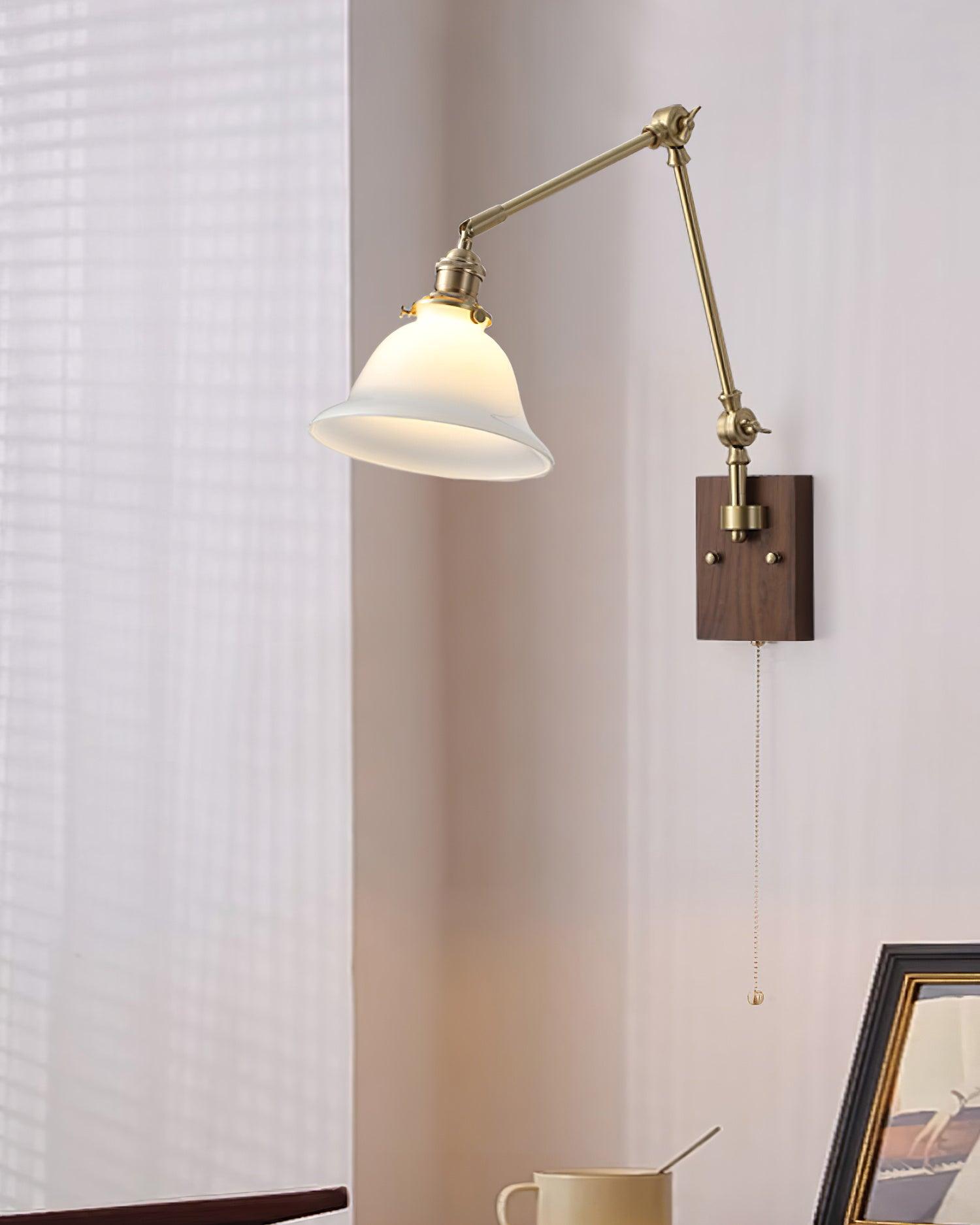 Wall Lamp Brass and Glass Shade Walnut Wood Base Adjustable Arm Vintage - Letslighting