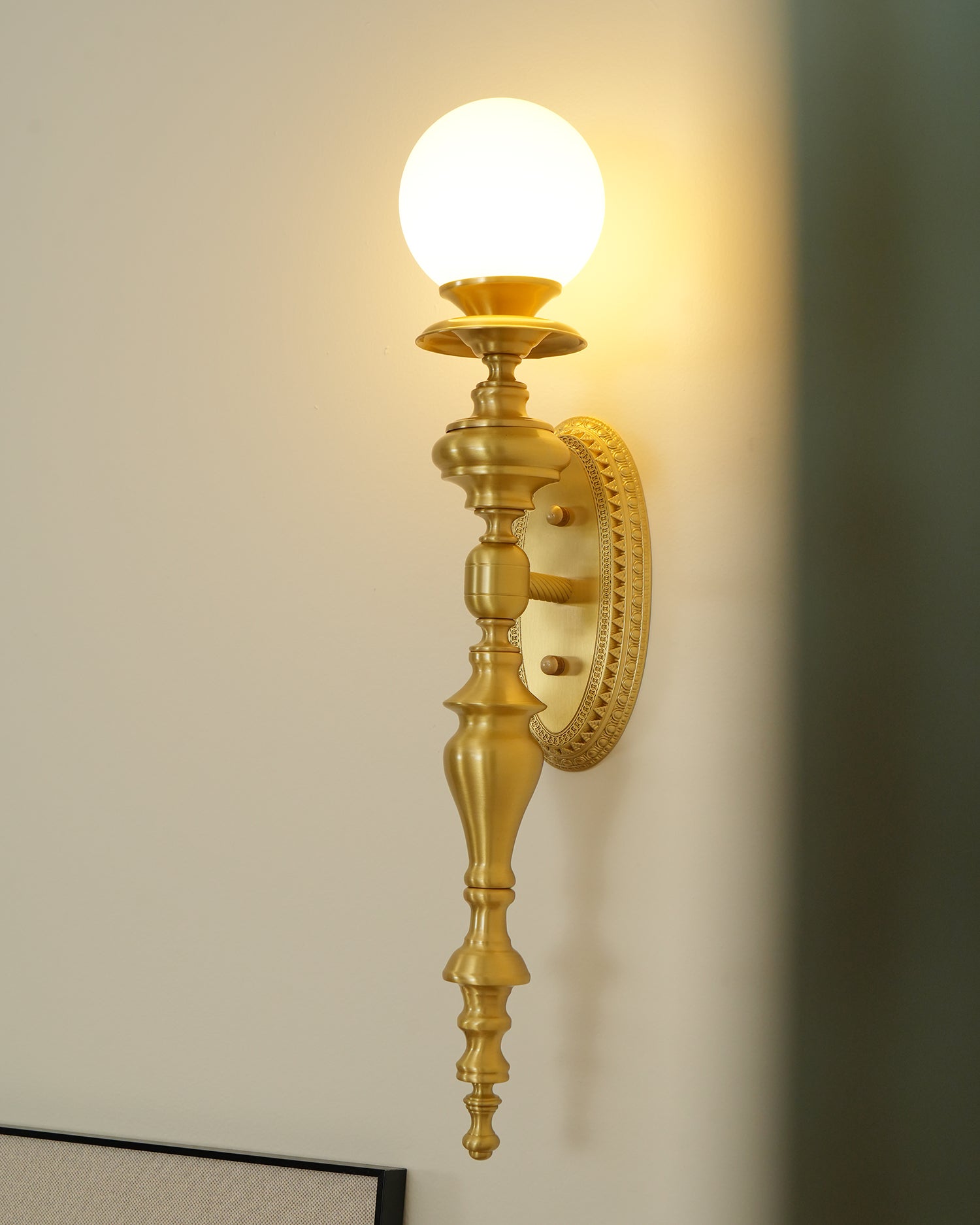 Wall Lamp Sculpted Brass Body Globe Shade Classic Elegant Statement - Letslighting
