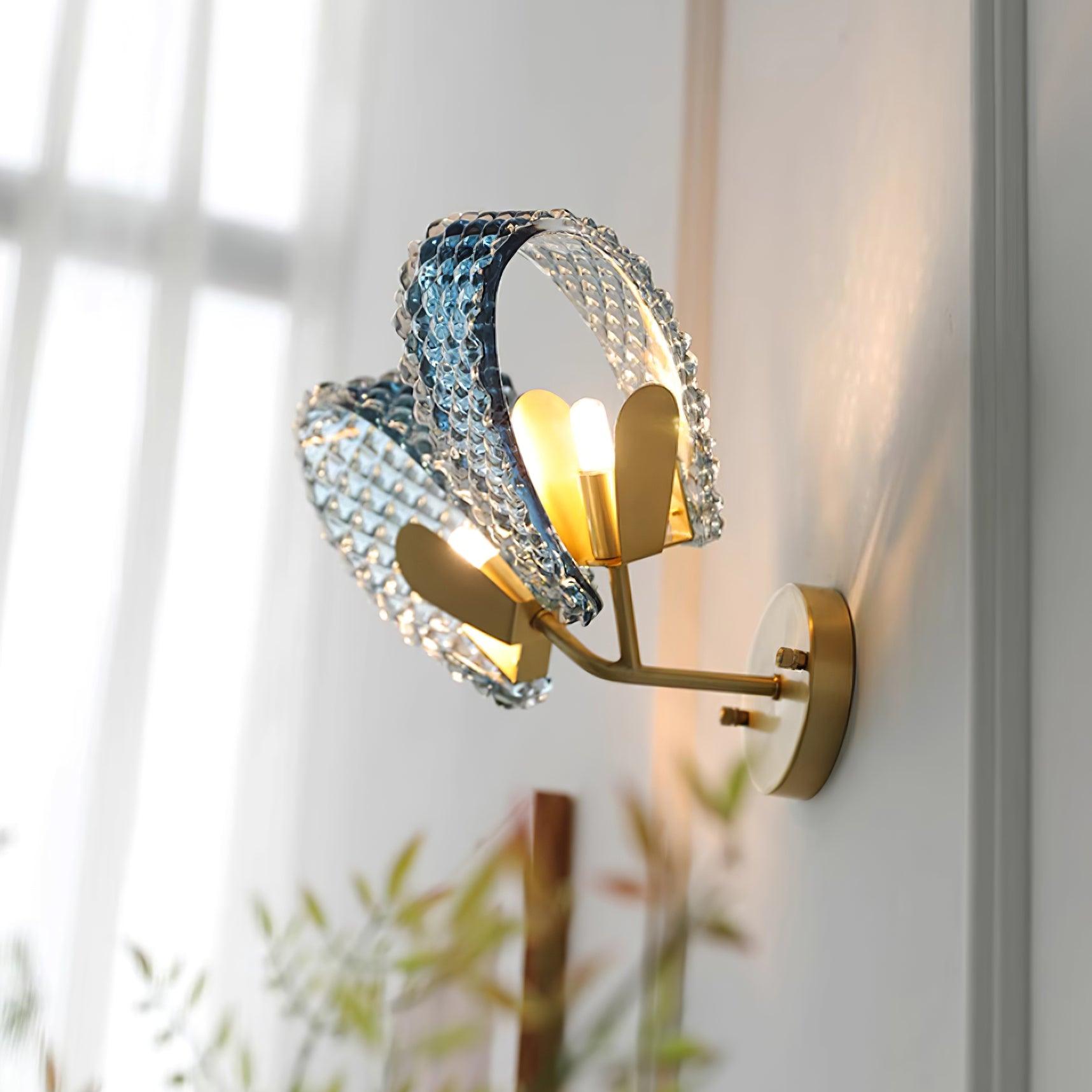 Wall Lamp Blue Ribbed Glass Ribbons Brass - Letslighting