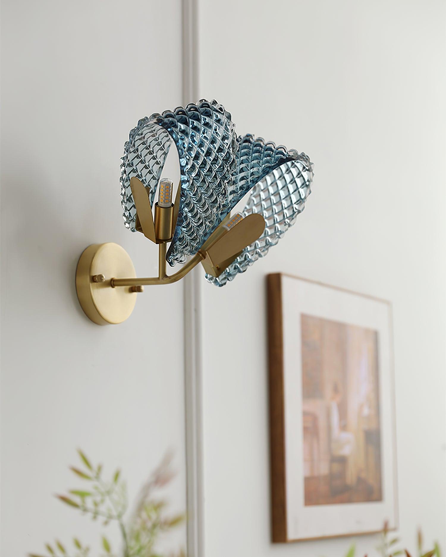 Wall Lamp Blue Ribbed Glass Ribbons Brass - Letslighting