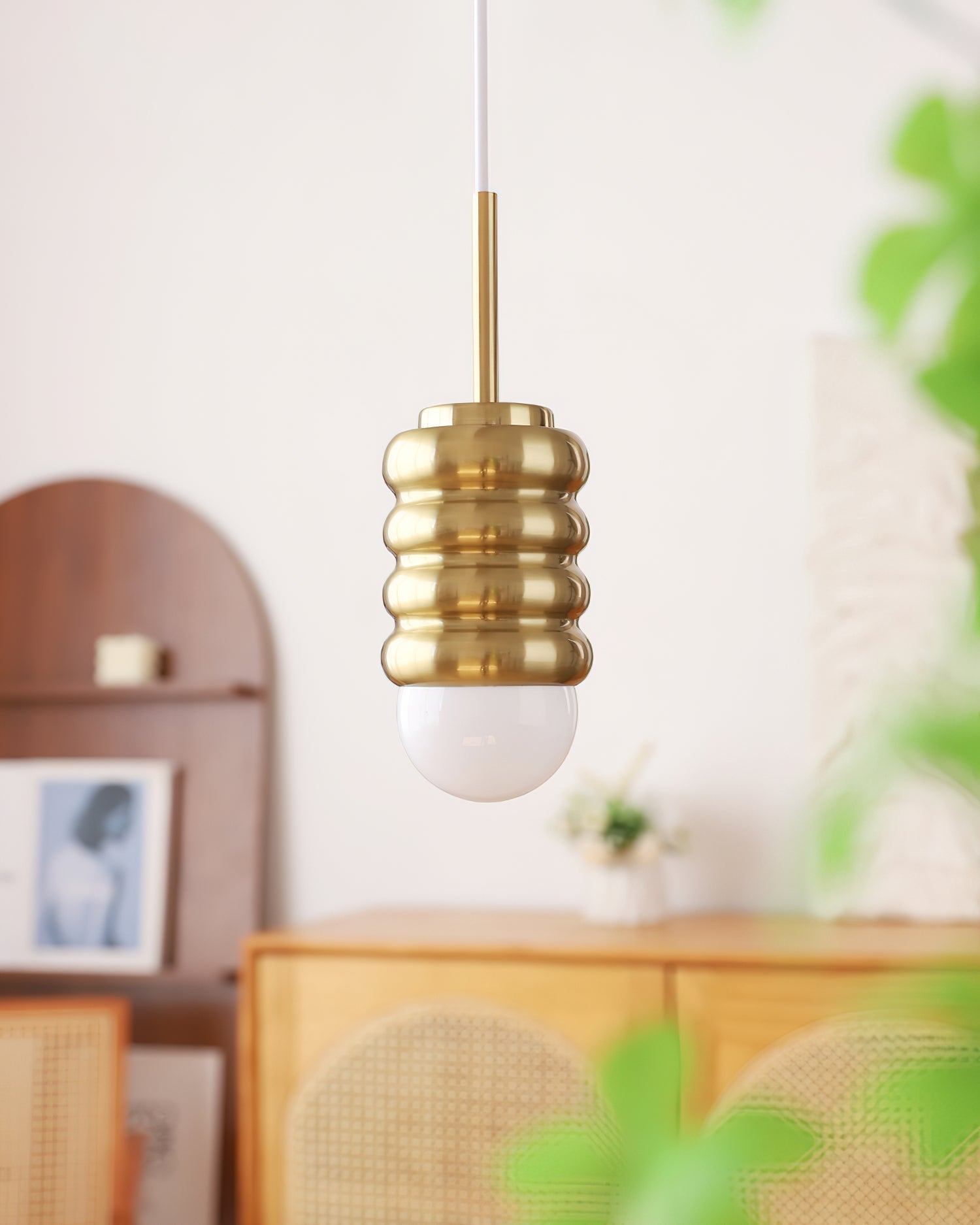 Pendant Light Ribbed Ceramic Brass Midcentury - Letslighting