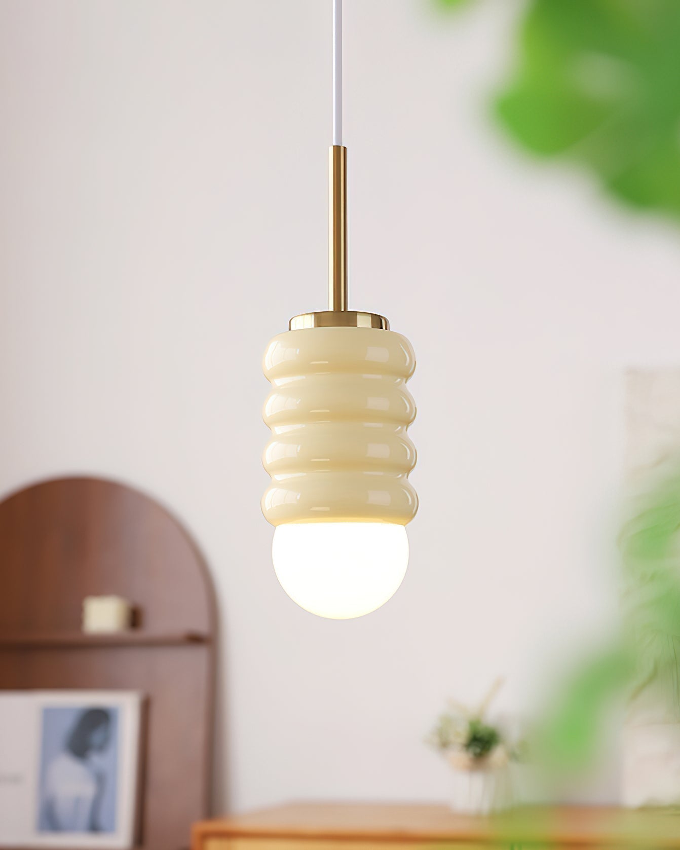 Pendant Light Ribbed Ceramic Brass Midcentury - Letslighting