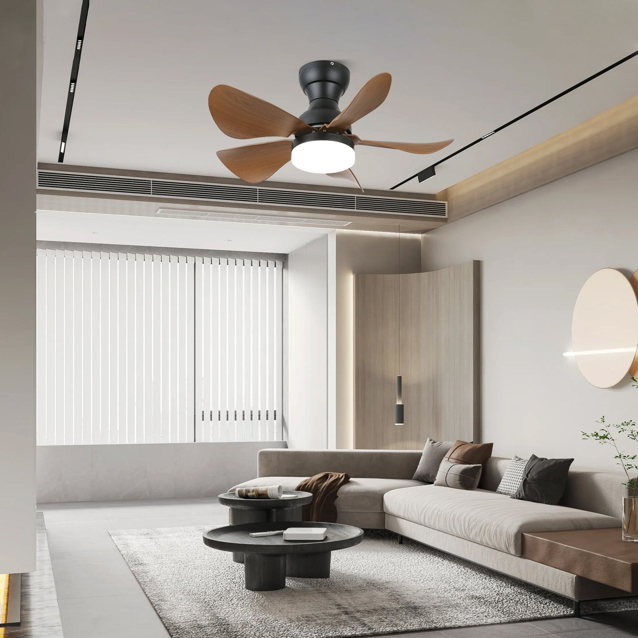 Lámpara Ventilador de Techo Callen de Madera, en un ambiente de sala de estar contemporánea