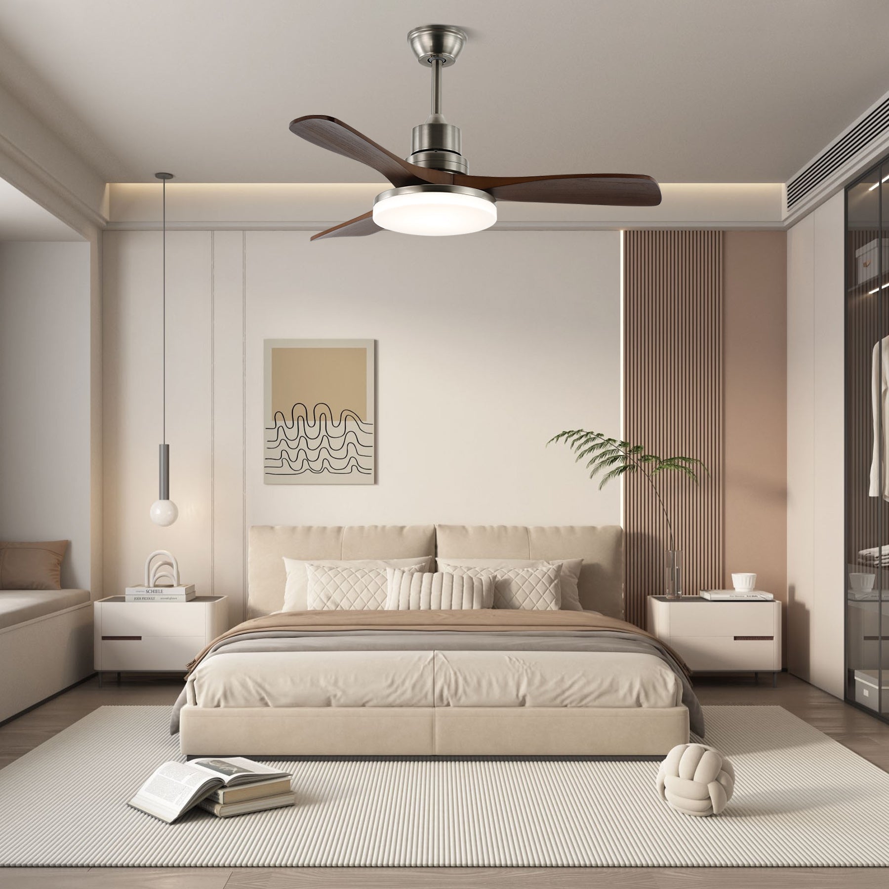 Ventilador de Techo Kaelen Moderno de Madera con Luz mostrando su acabado de veta de madera de nogal