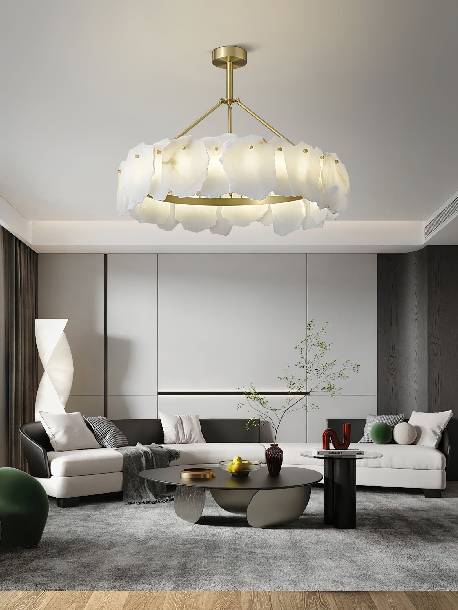 Cryon Postmodern Luxury Brass Alabaster Chandelier - Lamp Copper