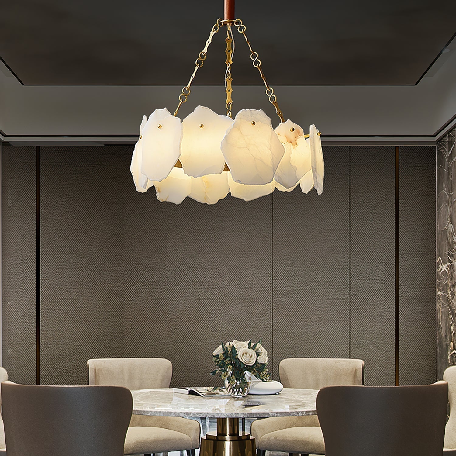 Alora Postmodern Luxury Round Brass Marble Chandelier - Lamp Copper