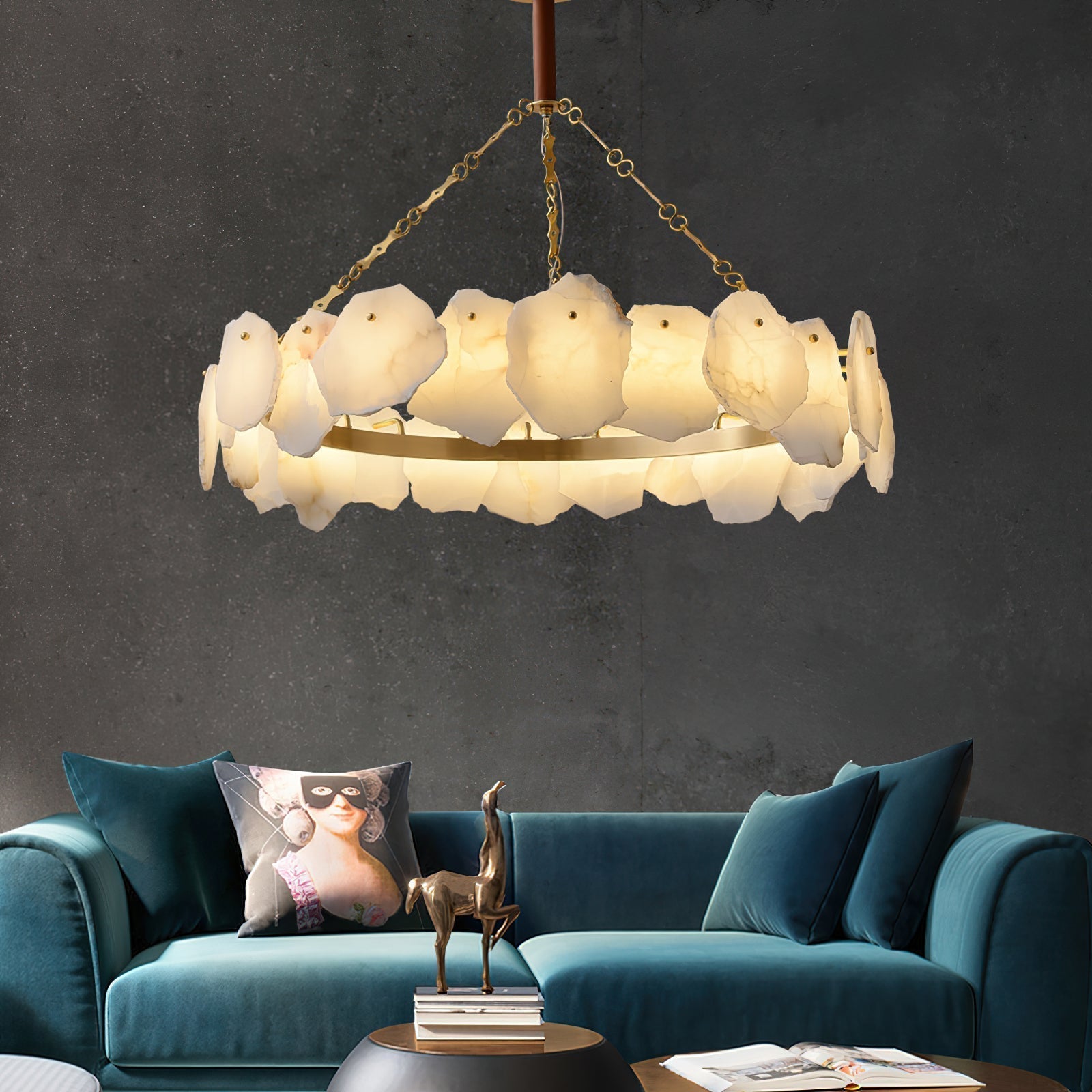 Alora Postmodern Luxury Round Brass Marble Chandelier - Lamp Copper