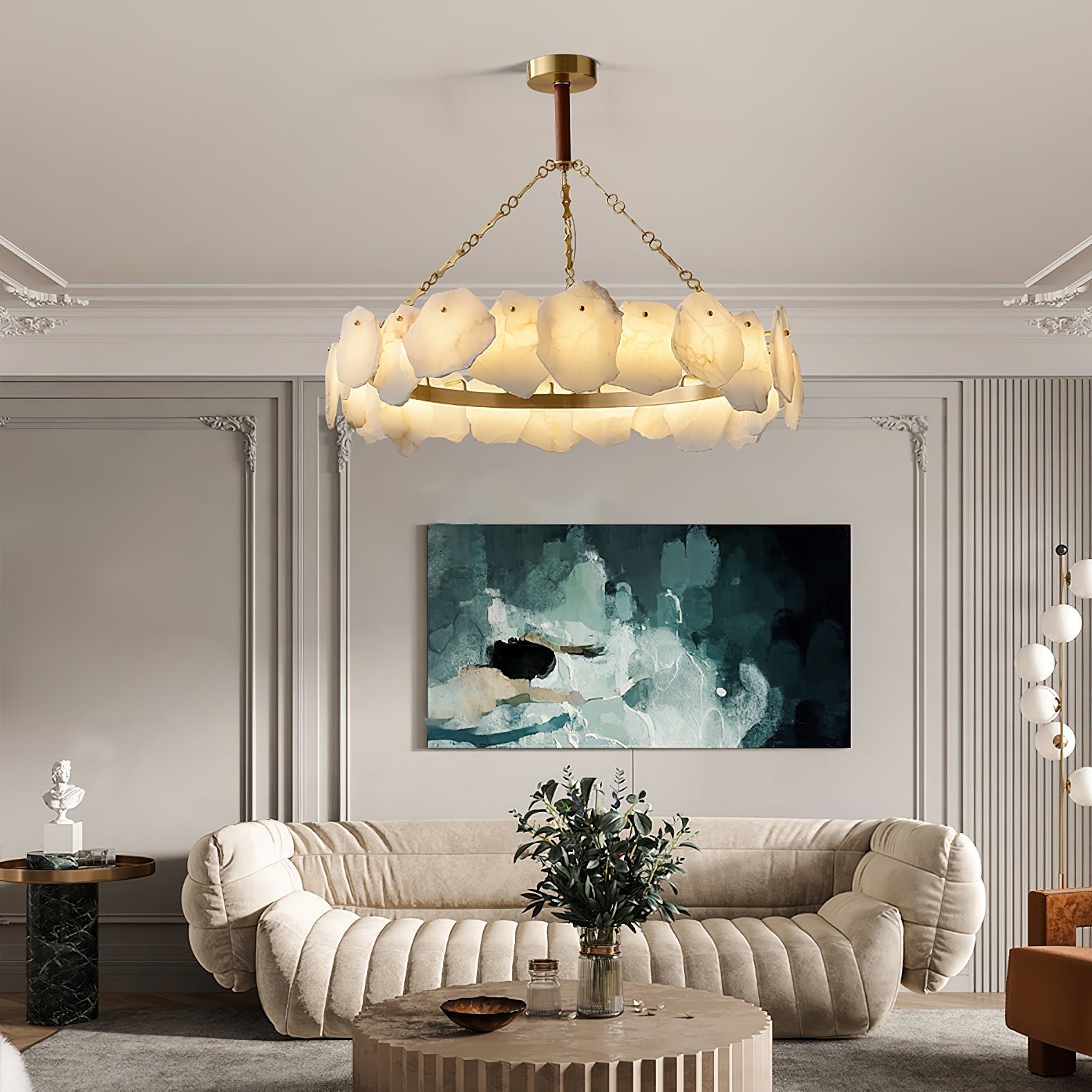 Alora Postmodern Luxury Round Brass Marble Chandelier - Lamp Copper