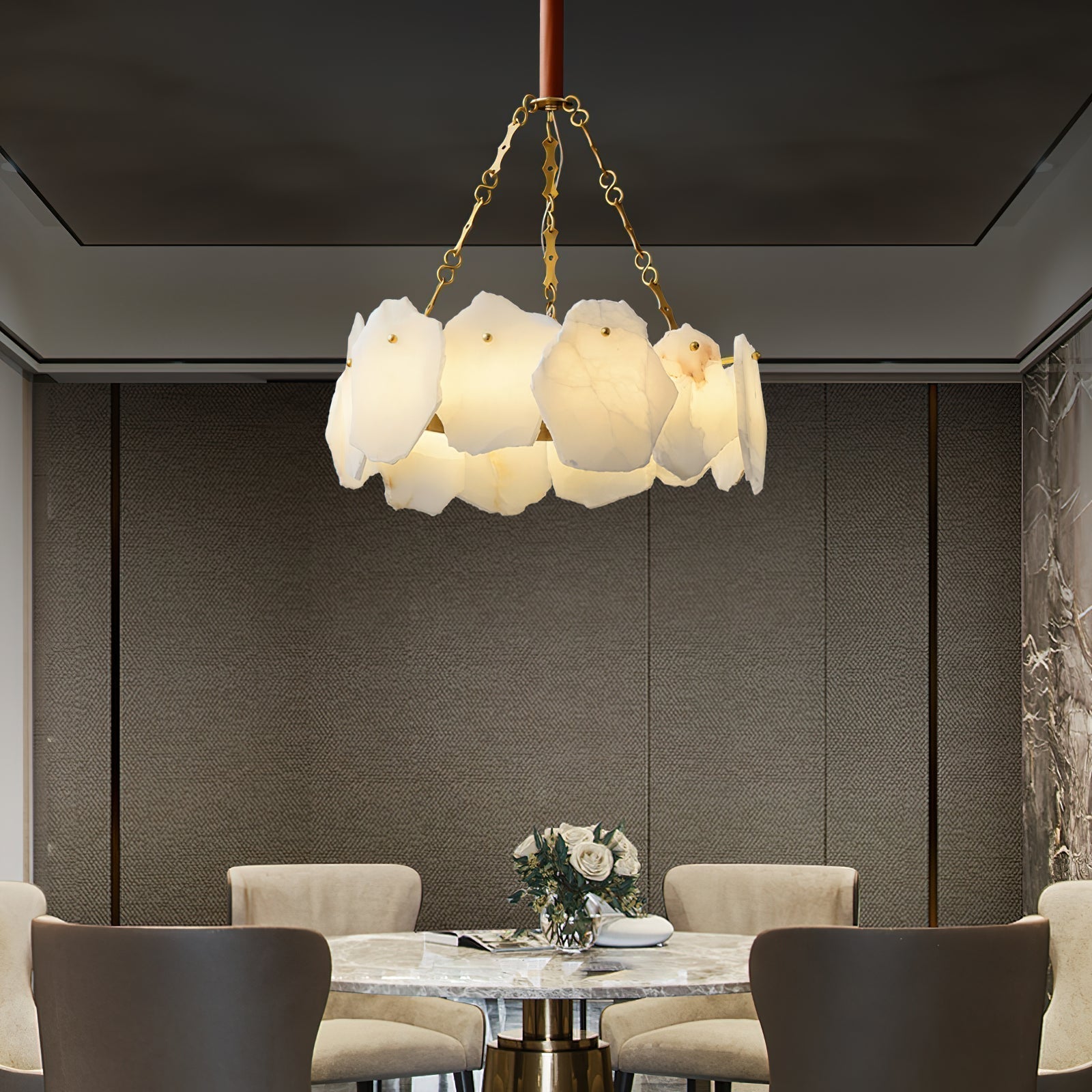 Alora Postmodern Luxury Round Brass Marble Chandelier - Lamp Copper